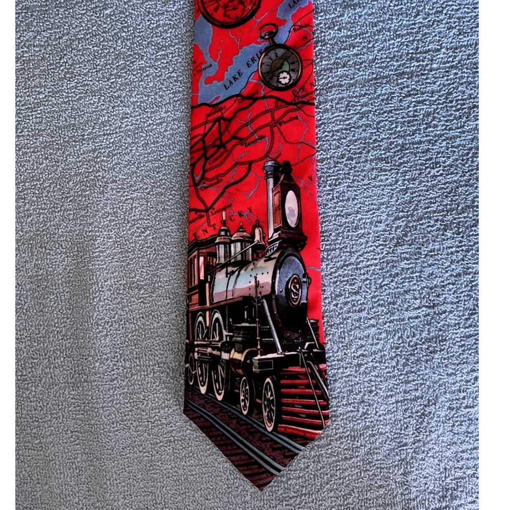Ralph Marlin Steam Train Map Tie Mens OS Red Excellent 1994 Locomotive Vintage